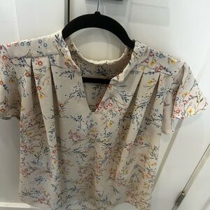 Monteau Cream Floral Button-Up Blouse with Blue & Pink Sprigs